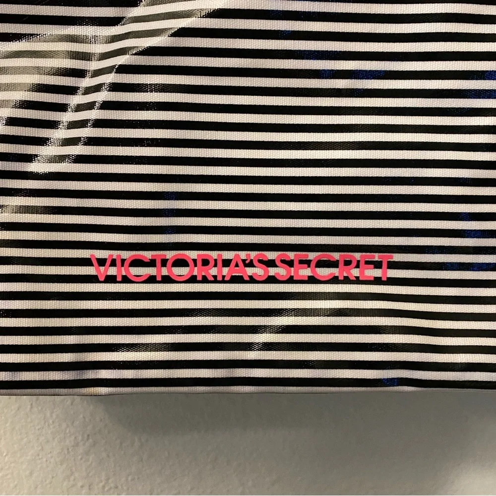 Victoria’s Secret plastic tote bag. Black and white stripe. Canvas pink handles
